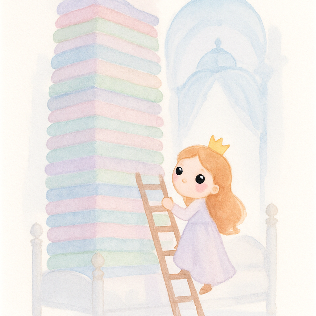 아가씨가 매우 높은 침대 위에서 불편하게 자려고 하는 장면